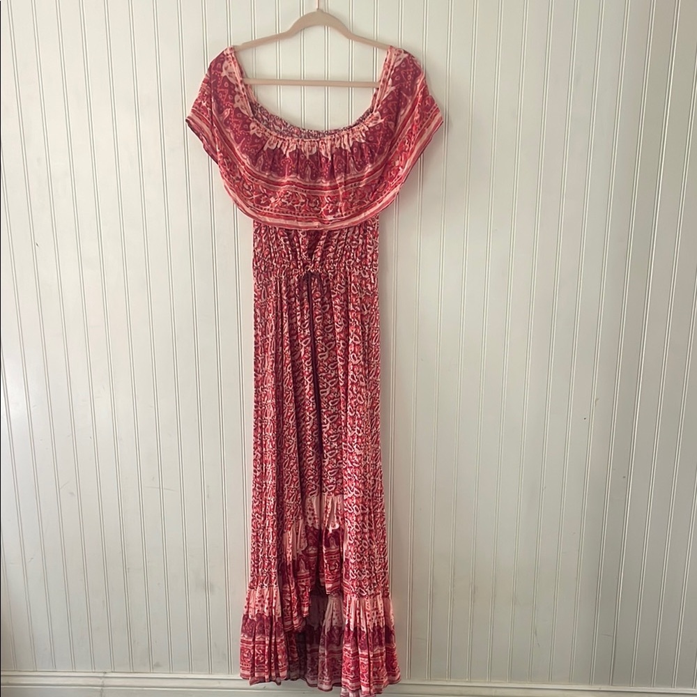 Nightcap Pink Ruffled Off-the-Shoulder Maxi Dress size 3 equals medium